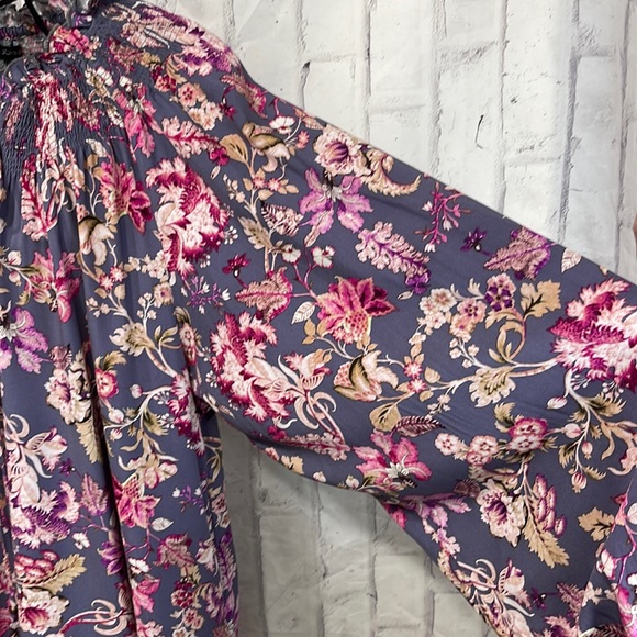 Dear John Blouse Floral Peasant Tie Front Ruffled Collar Smocked Balloon Sleeves - Picture 4 of 12